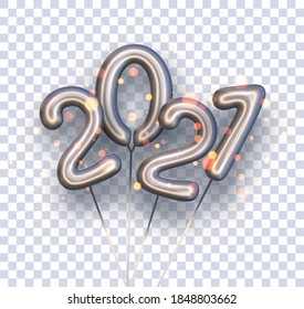 Silver 2021 balloons with threads on transparent background. Vector holiday illustration.