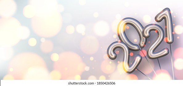 Silber 2021 Ballons mit Fäden in der rechten Ecke. mehrfarbiger Bokeh-Hintergrund. Platz für Text. Vektorgrafik für Feiertage.