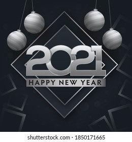 Silver 2021 Happy New Year Text With Hanging 3D Baubles On Black Background.