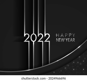 Silver 2022 Happy New Year card with premium foil gradient texture lines, dark background. Festive rich design for holiday card, invitation, calendar poster. Happy 2022 New Year text on black