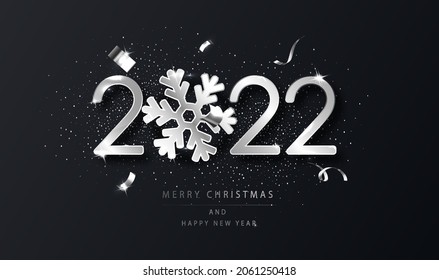 Silver 2022 Happy New Year background with snowflake. Black New Year background with wishes. Template for holyday design card, banner