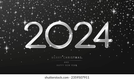 Silver 2024 for Christmas and Happy New Year fo festive season. Holiday vector illustration witch metallic 2024 numbers on a black glittering background, adding touch of elegance and celebration.