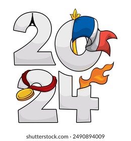 Silver 2024 numbers decorated with the French flag, the Eiffel Tower, a gold medal and torch for Paris Summer Games. Design in cartoon style.