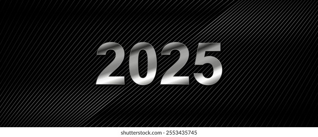 Silver 2025 New Year abstract background with chrome minimal lines. Vector winter holiday design