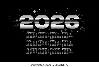 Silver 2026 calendar. Shiny metallic gradient numbers with confetti, sparkles, and stars. Vector
