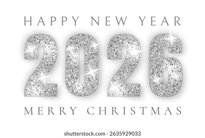 Silver 2026 New Year Celebration With Sparkling Glitter Numbers, Confetti, and Light Effects on Elegant Dark Background. Vector Illustration.