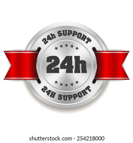 Silver 24h support badge with red ribbon on white background