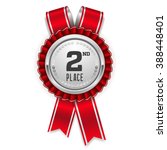 Silver 2nd place rosette, badge with red ribbon on white background