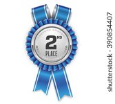 Silver 2nd place rosette, badge with blue ribbon on white background