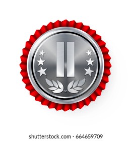 Silver 2st Place Rosette, Badge, Medal Vector. Realistic Achievement With Best Second Placement. Round Championship Label With Red Rosette. Ceremony Winner Honor Prize. Sport Game Challenge Award
