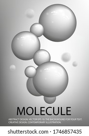 Bolas 3D plateadas en forma de molécula. Vector con burbujas grandes e voluminosas.
