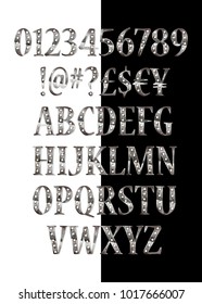 Silver 3D Broadway Alphabet. On black and white background. Eps 10 Vector Editable