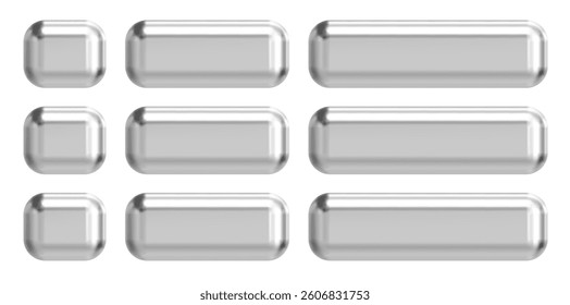 Silver 3d chrome button silver. 3d rectangle badge vector icon. Glossy Frame square metal chrome banner. Steel shield shiny web button for navigation bar.