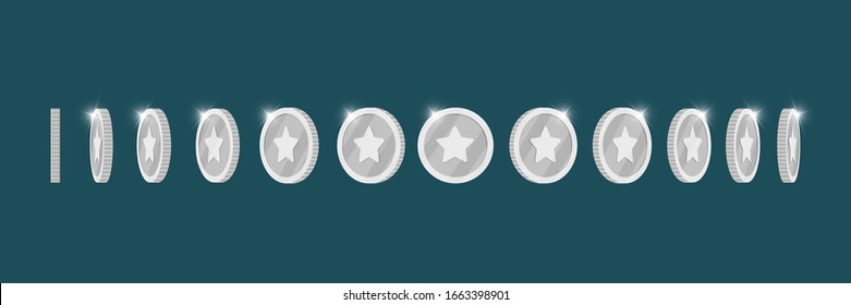 Silver 3d coin turn around different position set for game or apps animation. Bingo jackpot casino poker win rotation platinum elements. Cash treasure concept flat eps vector illustration