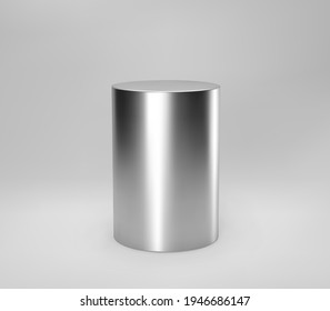 Silver 3d cylinder front view with perspective isolated on grey background. Cylinder pillar, chrome steel pipe, museum stage, pedestal or product podium. 3d geometric shape vector