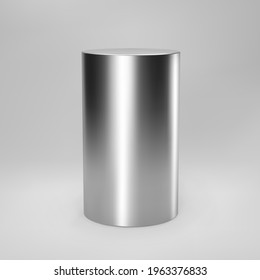 Silver 3d cylinder front view with perspective isolated on grey background. Cylinder pillar, chrome steel pipe, museum stage, pedestal or product podium. 3d geometric shape vector