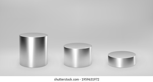 Silver 3d cylinder set front view and levels with perspective isolated on grey background. Cylinder pillar, chrome steel pipe, museum stages, pedestals or product podium. 3d geometric shapes vector