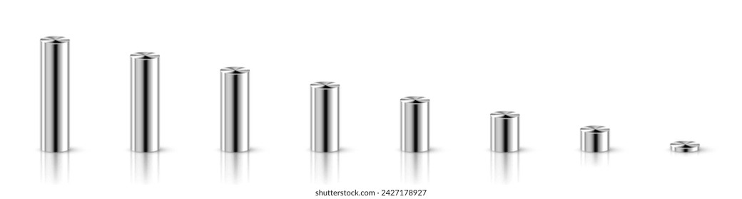 Silver 3D cylinder set vector illustration. Realistic metal pipes of different levels for business graph and steps of graphic chart, cylindrical steel or chrome podiums collection for product display