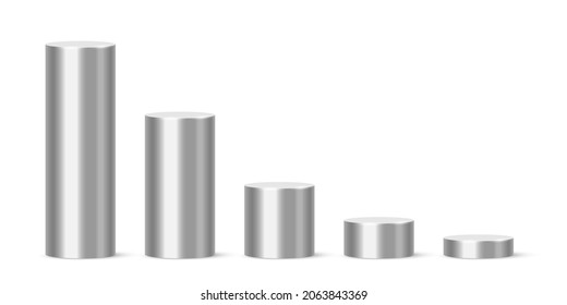 Silver 3d cylinder vector illustration. Realistic pedestal podiums of circle geometric shape stand with perspective, blank circular platform or stage for product, diagram graph for presentation