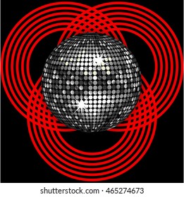 Silver 3D Disco Ball Over Black Background with Red Circle Patter