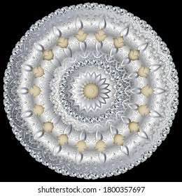 Patrón de Mandala de joyería floral plateada 3d. Fondo vectorial de estilo barroco. Flores de lirio vintage, hojas, piedras preciosas, diamantes. Lujo de fondo. Hermoso ornamento redondo para tarjetas de boda, impresión.