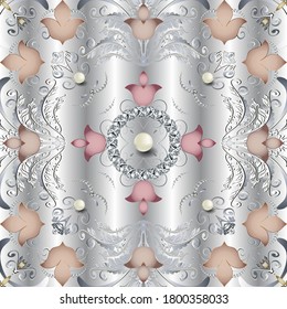 Silver 3d floral seamless pattern. Baroque style jewelry white background. Vintage lily flowers, leaves, pearls, gemstones, diamonds. Luxury repeat backdrop. Beautiful ornament for wedding cards, wall