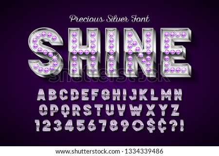 Silver 3d font with gems, gold letters and numbers. Vintage characters set
