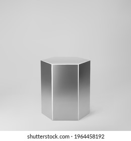 Silver 3d hexagon with perspective isolated on grey background. Hexagon pillar, chrome steel pipe, museum stage, pedestal or product podium. 3d geometric shape vector