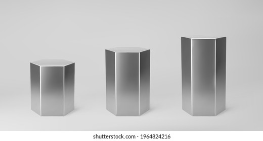 Silver 3d hexagon set front view and levels with perspective isolated on grey background. Hexagon pillar, chrome steel pipe, museum stages, pedestals or product podium. 3d geometric shapes vector