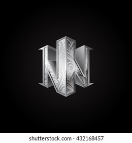 Silver 3d isometric monogram double letter N. Vector golden initials logo design for wedding greeting card and premium business cards.