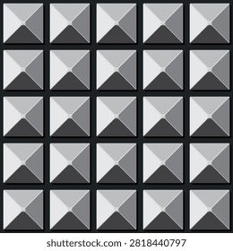 Silver 3d metallic pyramids with black shadow on dark gray background. Vector square seamless pattern or texture.