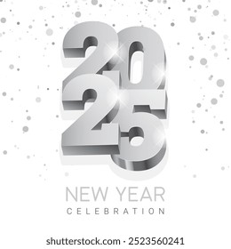 Silver 3D numbers 2025 on shiny confetti background. Design of 2025 lettering with sans serif bold font on white background. Template for New Year 2025 celebration greeting card or poster. Vector