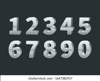 Silver 3d numbers. Realistic shiny metallic number symbols with shadows, creative chrome or platinum digits, credit cards font, typographic vector set