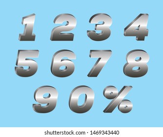 Silver 3D Numbers set.Metal gradient texture style.Typography design.Vector illustration.