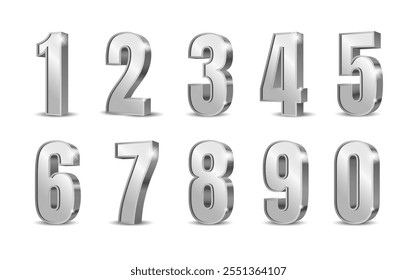 Silver 3d numbers. Symbol set. Vector illustration