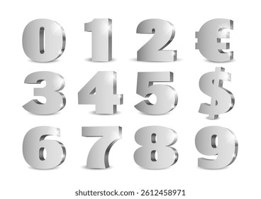 Silver 3d numbers. Symbol set. Vector illustration