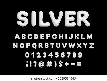 Silber 3D-Kunststoff-Ballon Alphabet, Symbole und Zahlen. Glänzend aufgeblähte Y2K-Schriftart ABC, Vektor einzeln