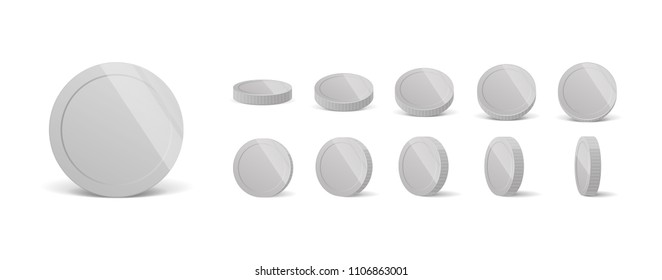 Silver. 3d realistic coins set on white in different positions .Money isolated on white. Vector illustration.
