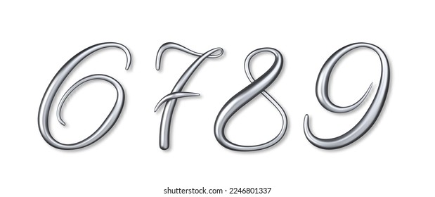 Silver 3d realistic numbers isolated. Metallic number from 6 to 9. Design element for Party, birthday, celebrate anniversary and wedding.