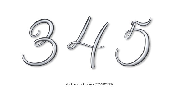 Silver 3d realistic numbers isolated. Metallic number from 3 to 5. Design element for Party, birthday, celebrate anniversary and wedding.