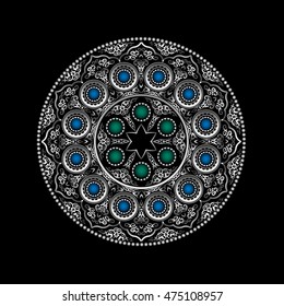 Silver 3D Round Ornament Pattern with Blue and Green gemstones - Arabic, Islamic, East style. Vector illustration for greeting card, postcard, invitation, poster, banner etc
