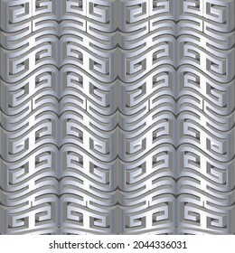 Silver 3d seamless pattern. Vector textured geometric background. Surface repeat ancient backdrop. Modern 3d greek wavy ornaments. Decorative ornate 3d design with greek key, meanders, shadows, waves.