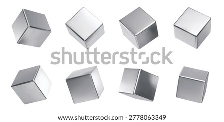 Silver 3d set with cubes metallic cube and chrome square geometric. Metal shape render with realistic vector reflective and glossy shiny smooth. Isolated element silver with luxury tech cubes.