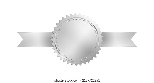 Silver 3d stamp with ribbon isolated on white background. Luxury chrome seal. Vector design element.