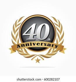 silver 40 years anniversary logo vector on gradient black circle with golden ribbon, star, and wheat grass