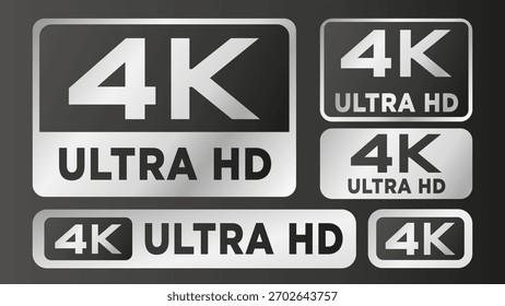 Conjunto de iconos de Vector de resolución Ultra HD 4K plateado. Video y mostrar la etiqueta de calidad. Ilustración vectorial