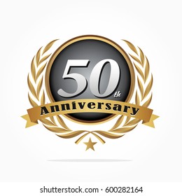 silver 50 years anniversary logo vector on gradient black circle with golden ribbon, star, and wheat grass