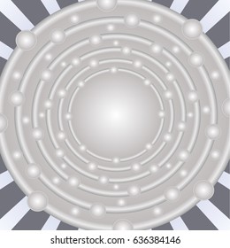 Silver abstract background with circle shape in optical art style, concentric circles with uneven distributed spheres, luxurious design element