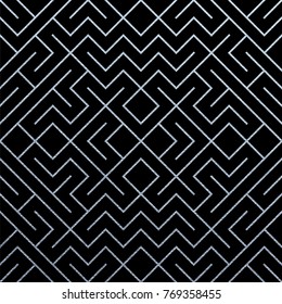 Silver abstract geometric pattern background with glitter mesh texture. Vector seamless ornate geometry pattern of rhombus and metal lines for luxury silver ornate black backdrop design template