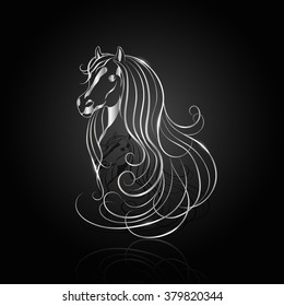 Silver abstract horse with reflection on black background.